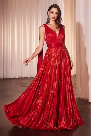 A-Line Metallic Pleated Illusion V-Neck Long Prom Dress CDCD802