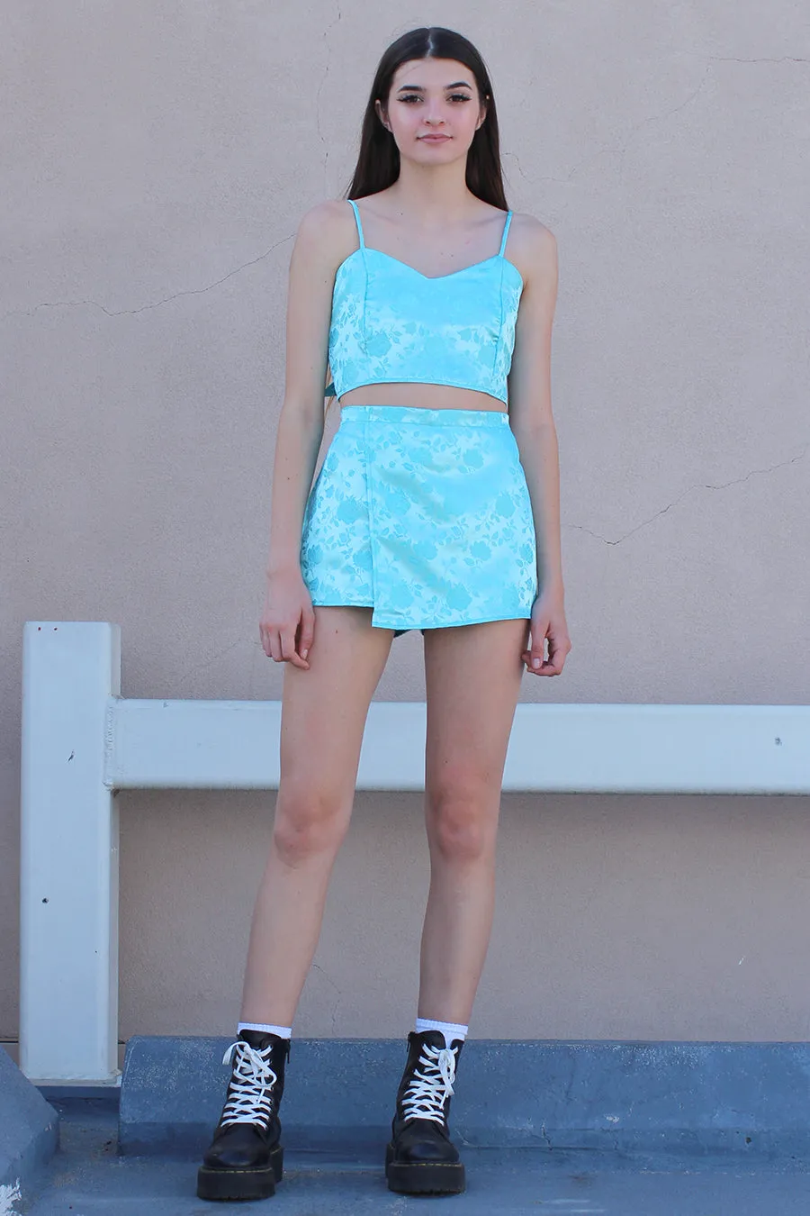 Adjustable Cami Top and Skorts - Baby Blue Satin with Roses