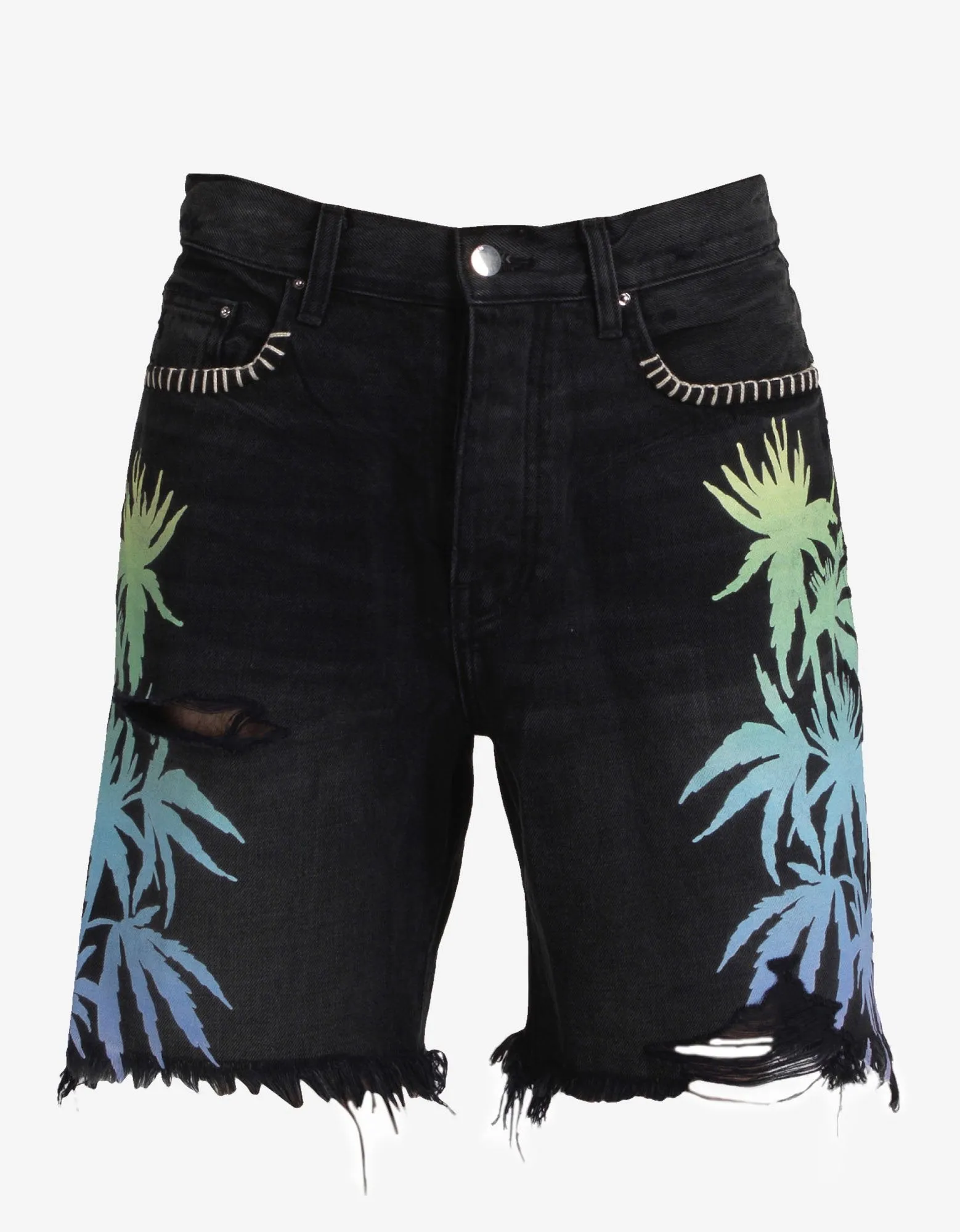 Aged Black Leaves Denim Shorts