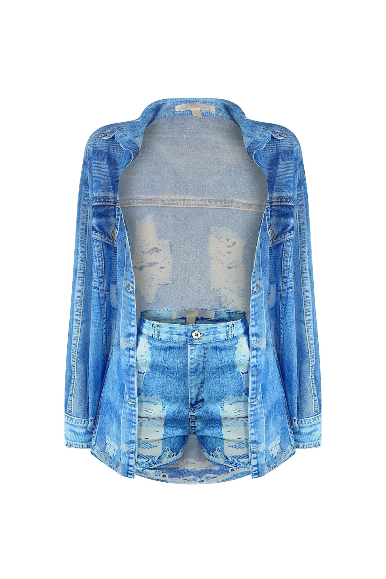 All In Denim Printed Shirt & Shorts SET