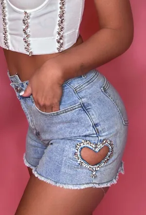 Angel Kisses Mid Blue Diamante Heart Denim Short