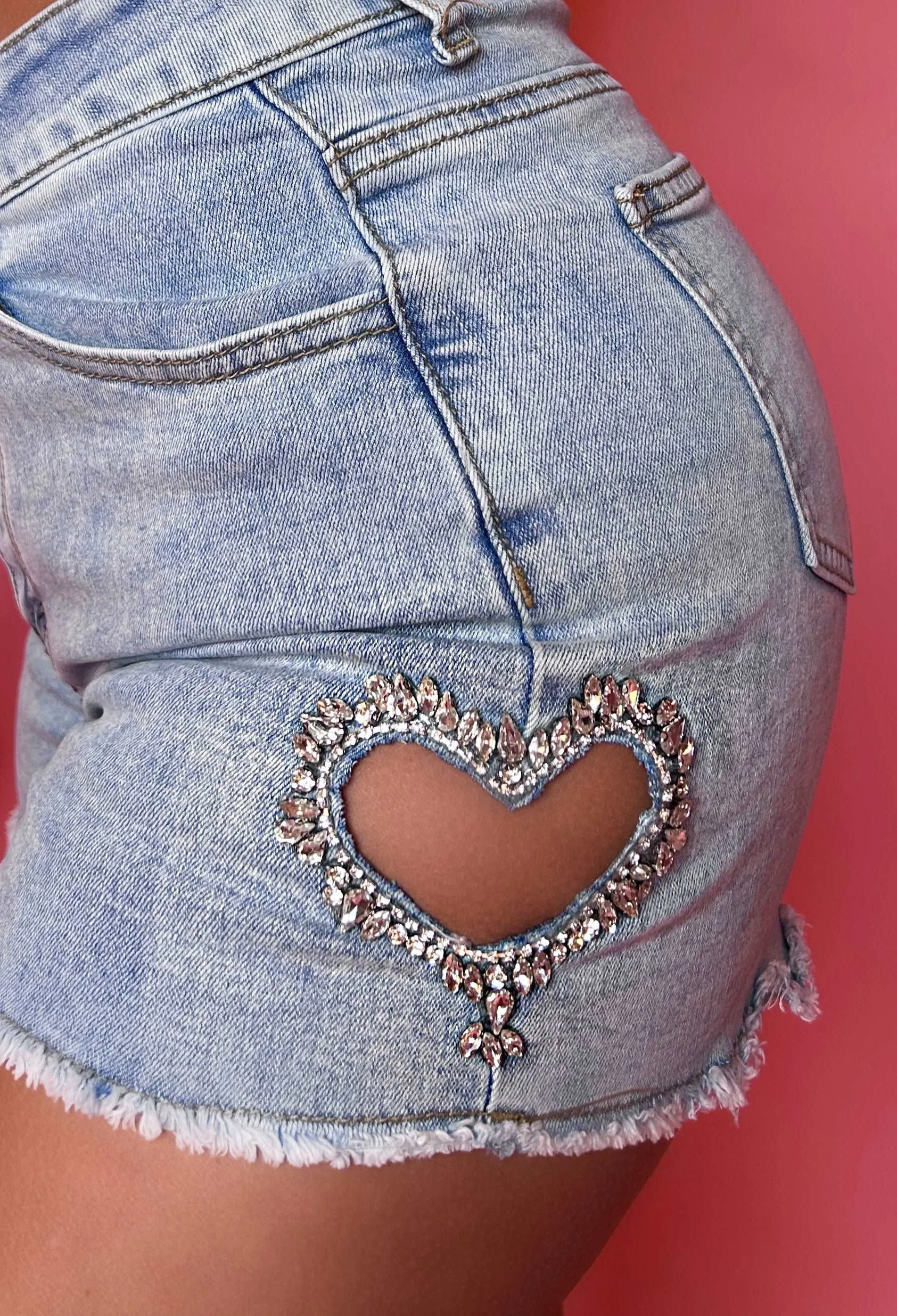 Angel Kisses Mid Blue Diamante Heart Denim Short