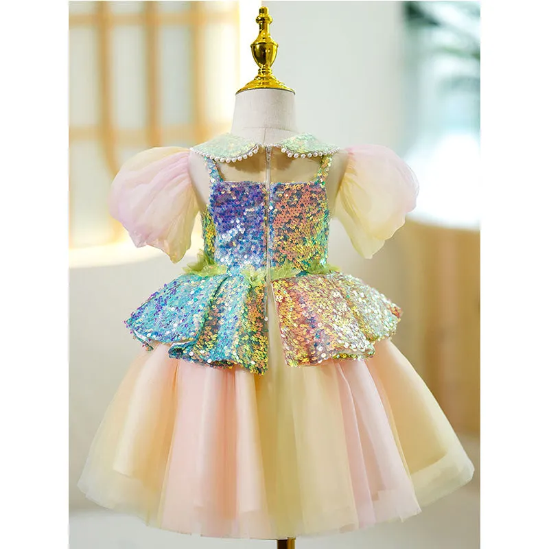 Baby Girl Ball Gowns Toddler Summer Sequin Doll Neck Puffy Puff Sleeves Princess Dress