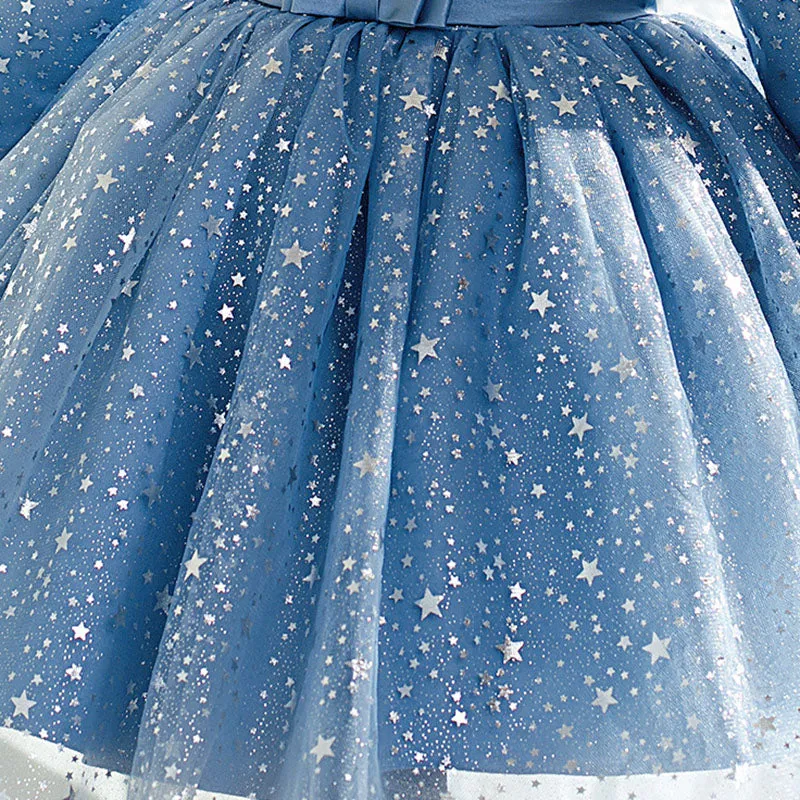 Baby Girl Birthday Party Dresses Toddler Star Print Long Sleeve Blue Ball Gowns