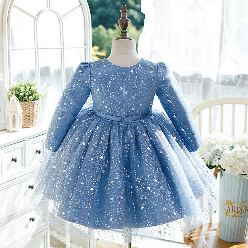 Baby Girl Birthday Party Dresses Toddler Star Print Long Sleeve Blue Ball Gowns