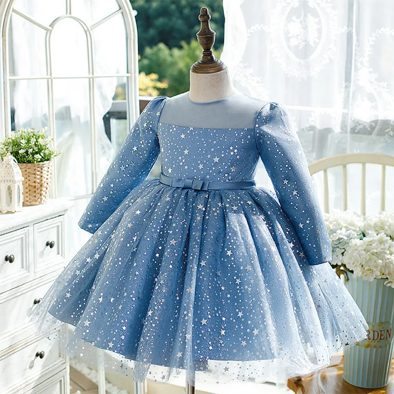 Baby Girl Birthday Party Dresses Toddler Star Print Long Sleeve Blue Ball Gowns