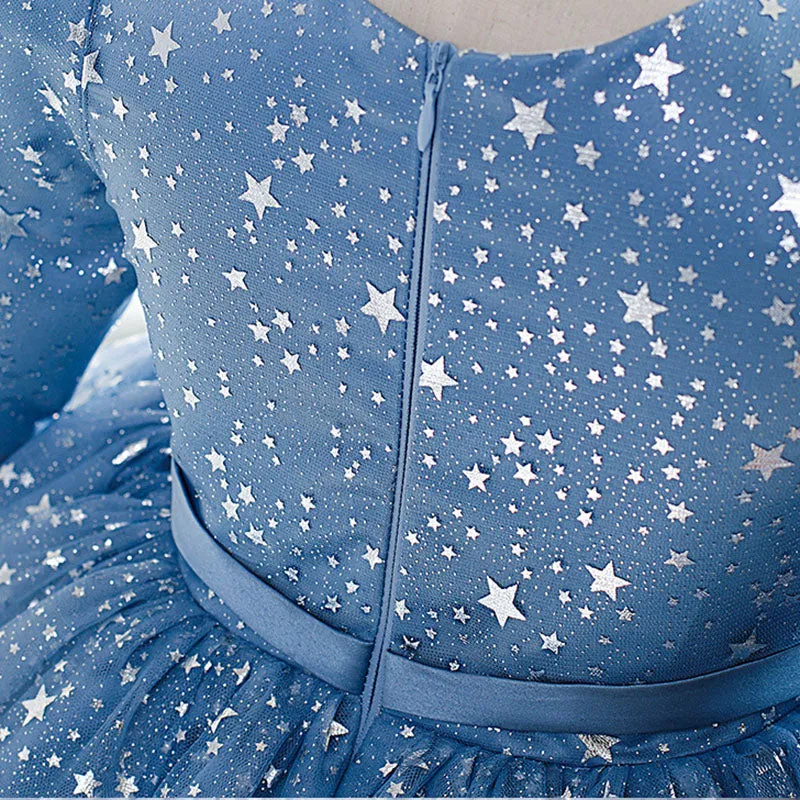 Baby Girl Birthday Party Dresses Toddler Star Print Long Sleeve Blue Ball Gowns