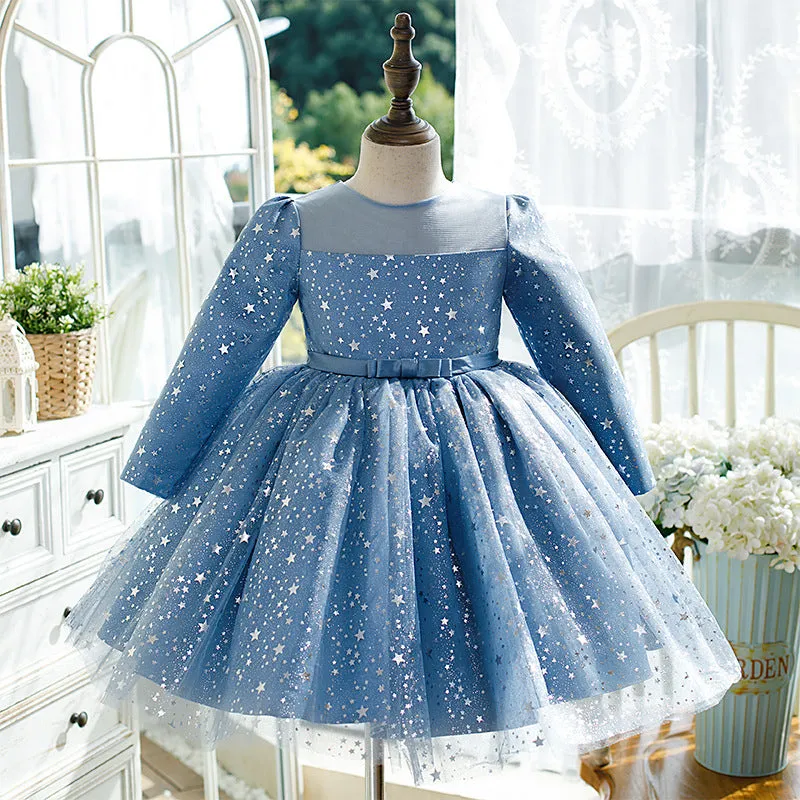 Baby Girl Birthday Party Dresses Toddler Star Print Long Sleeve Blue Ball Gowns