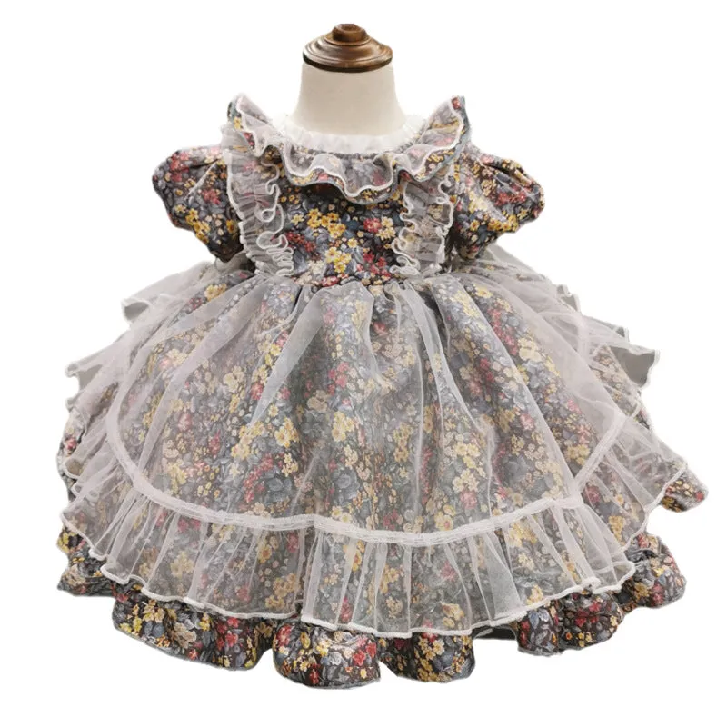 Baby Girl Dress Toddler Ball Gowns Summer Short Sleeve Vintage Print Princess Dress