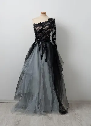 Black Ball Gown Wedding Dresses Tulle One Shoulder