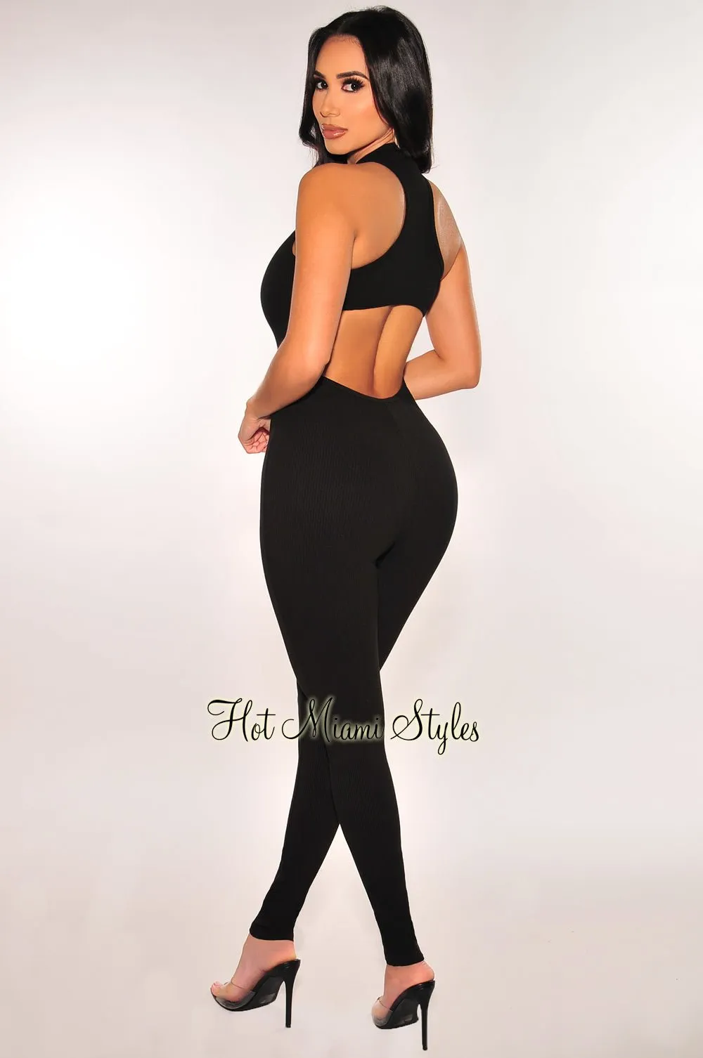 Black Sleeveless Ribbed Zipper Cut Out Back Jumpsuit