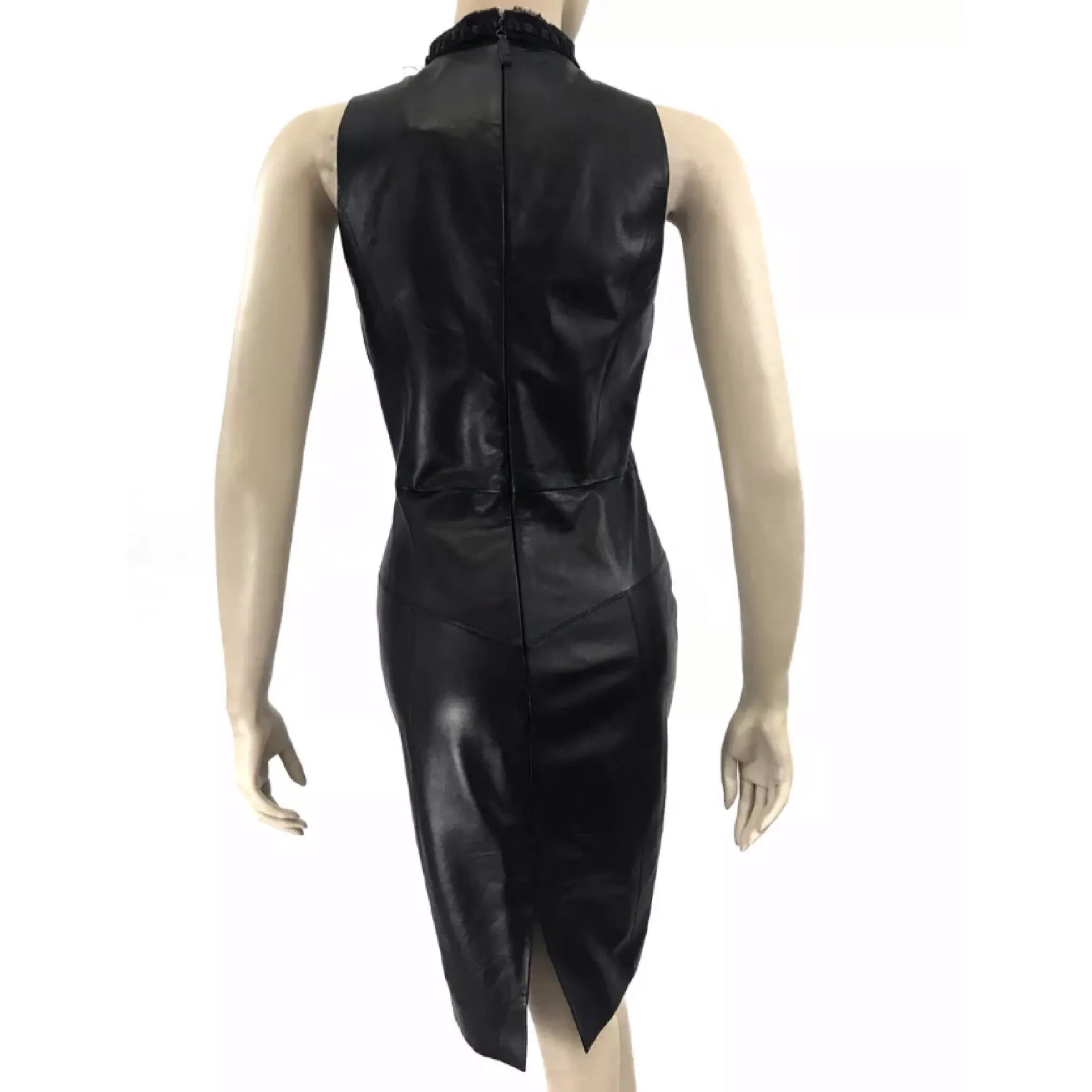 Chanel Black Lambskin Leather Halter Dress Tweed Trim 08P Size US12 | FR42