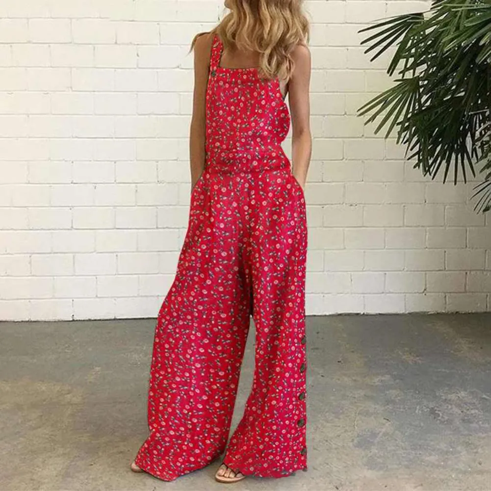 deanwangkt Summer Ladies Solid Color Casual Romper Floral Print Sling Backless Loose Jumpsuit Playsuit Long Pants High Waist  Rompers