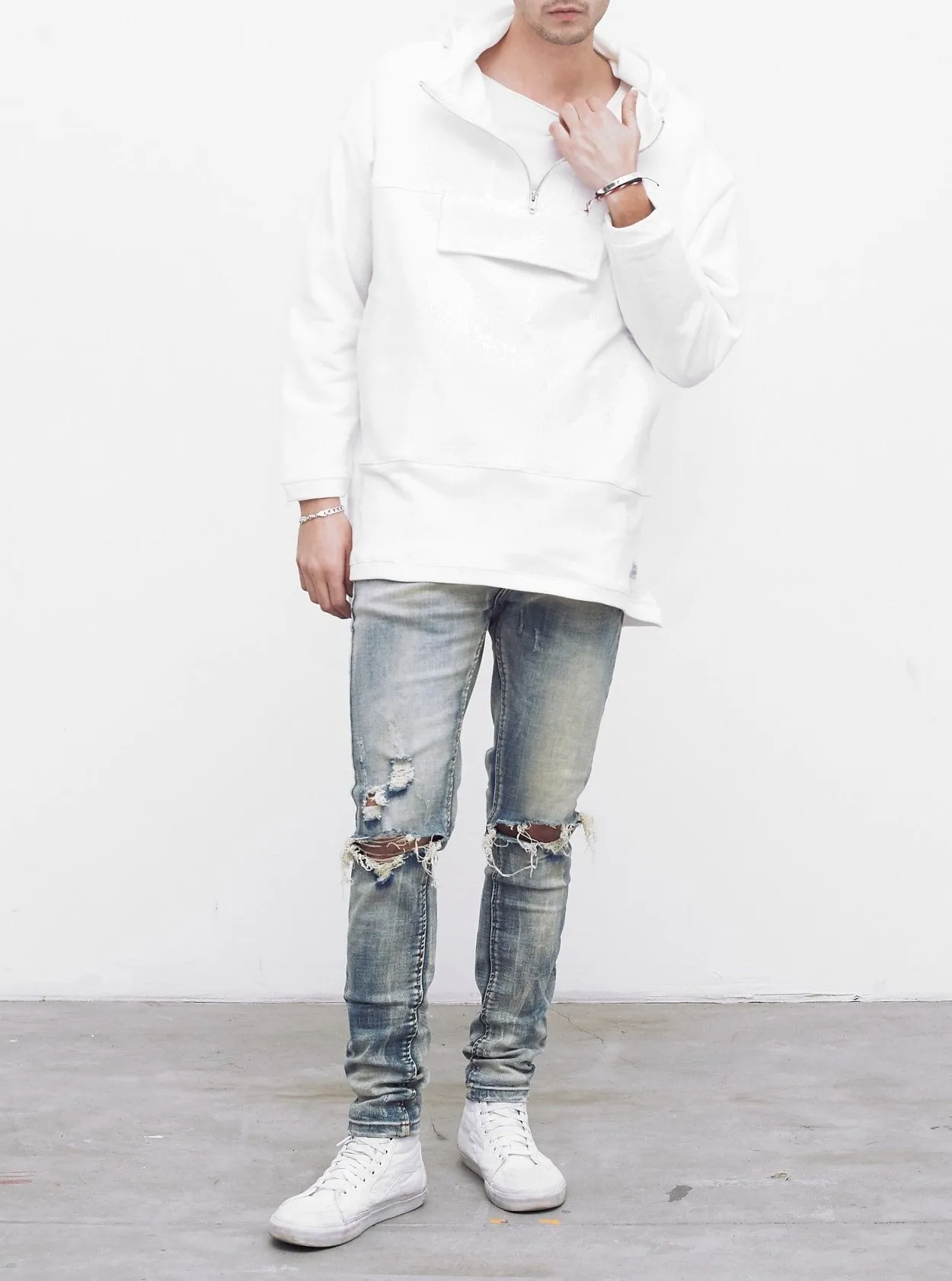 French Terry Anorak Pullover in White