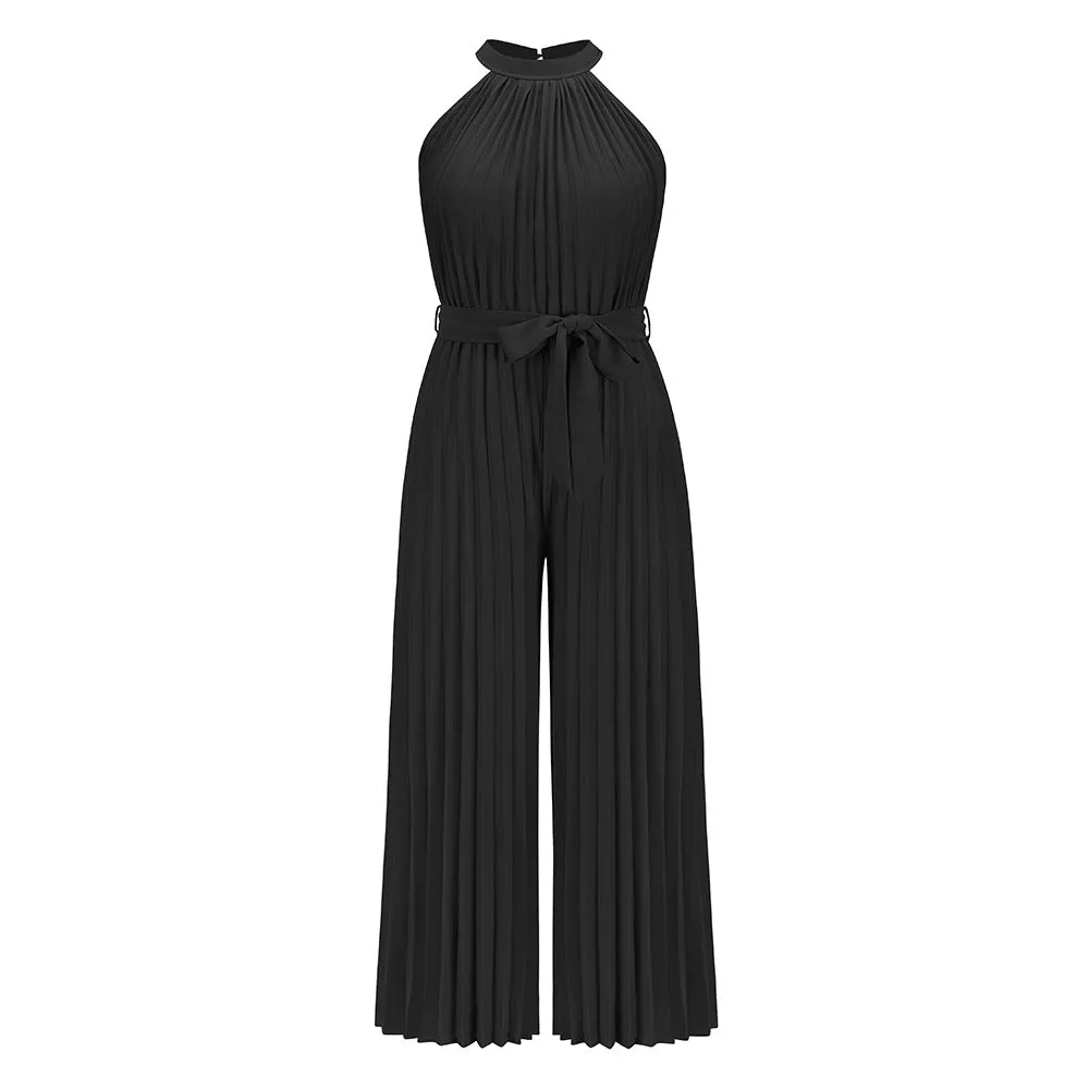 Halter Sleeveless Pleated Summer Belted Slim-fit Pleated Wide Jumpsuit