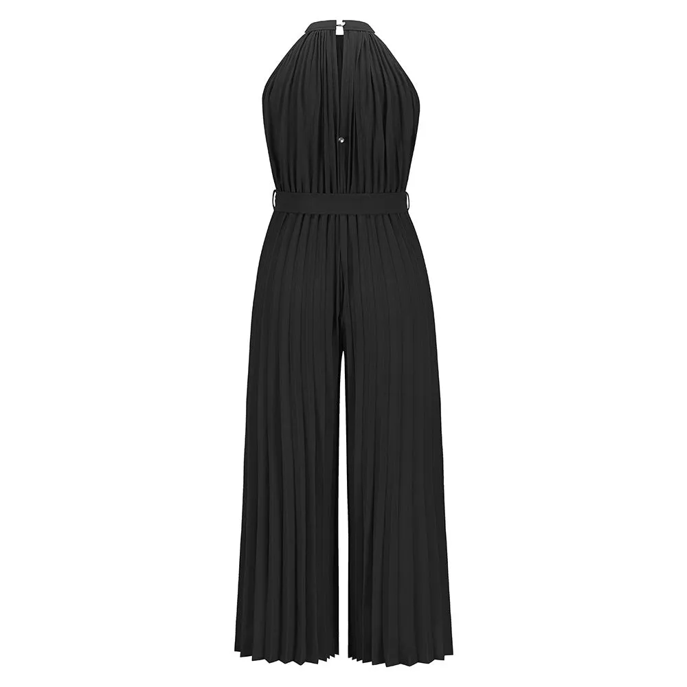 Halter Sleeveless Pleated Summer Belted Slim-fit Pleated Wide Jumpsuit