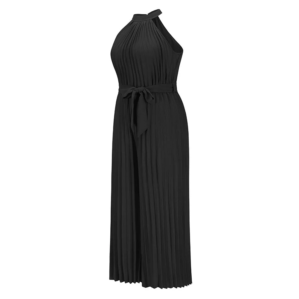 Halter Sleeveless Pleated Summer Belted Slim-fit Pleated Wide Jumpsuit