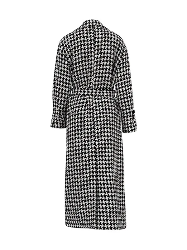 Long Sleeves Loose Houndstooth Split-Back Split-Joint Tied Waist Lapel Trench Coats