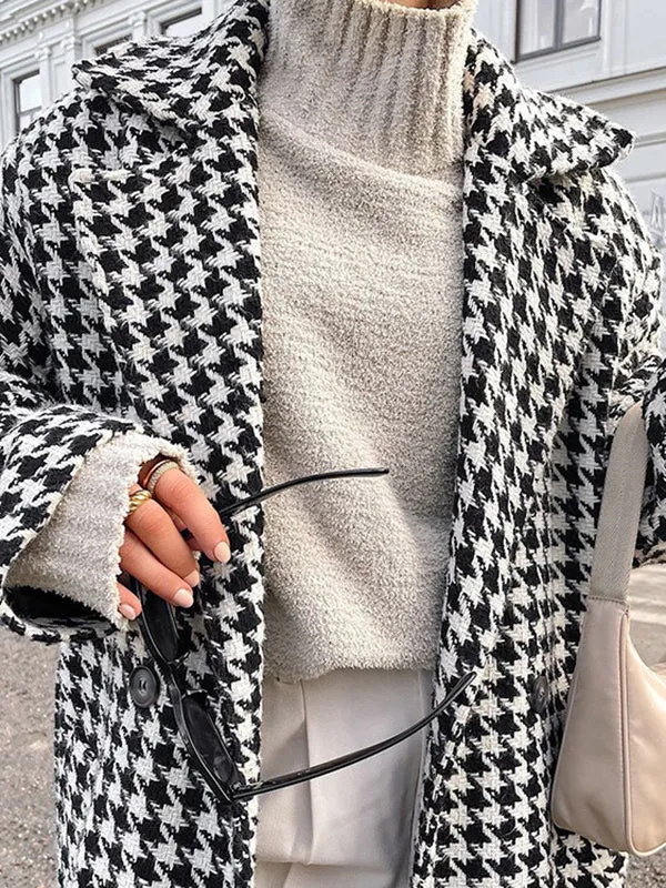 Long Sleeves Loose Houndstooth Split-Back Split-Joint Tied Waist Lapel Trench Coats