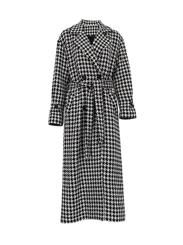 Long Sleeves Loose Houndstooth Split-Back Split-Joint Tied Waist Lapel Trench Coats