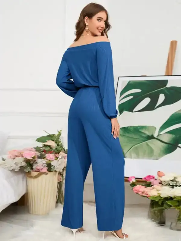 One-shoulder long-sleeved slim-waisted wide-leg jumpsuit