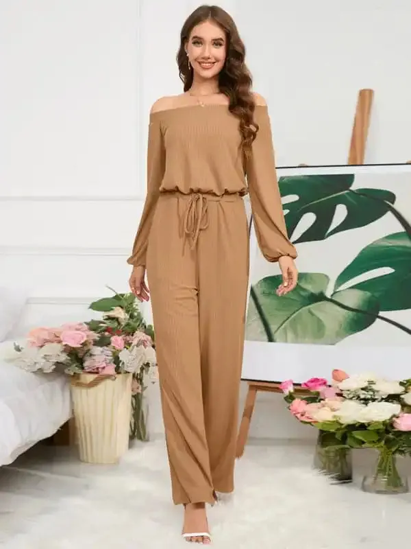 One-shoulder long-sleeved slim-waisted wide-leg jumpsuit