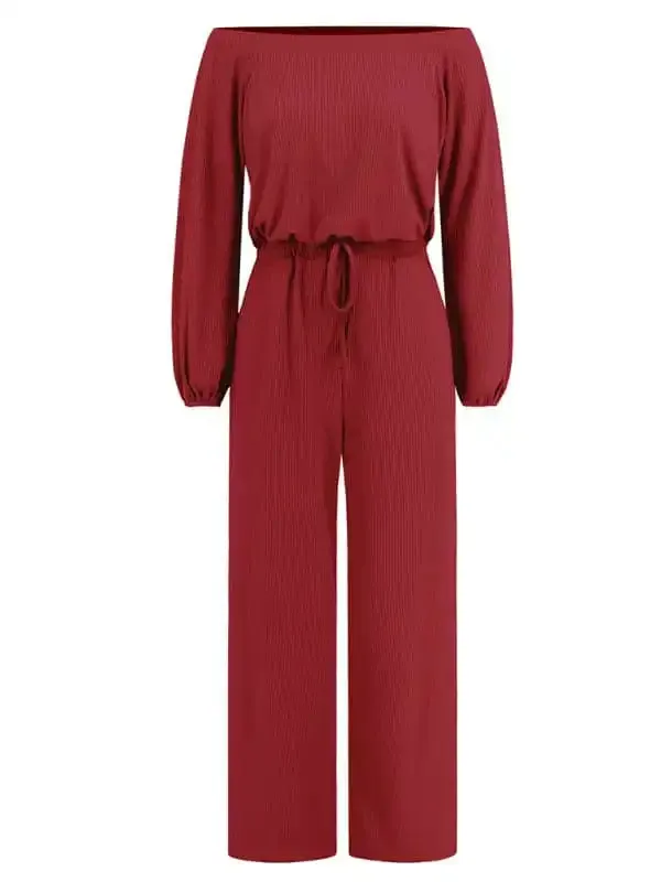 One-shoulder long-sleeved slim-waisted wide-leg jumpsuit