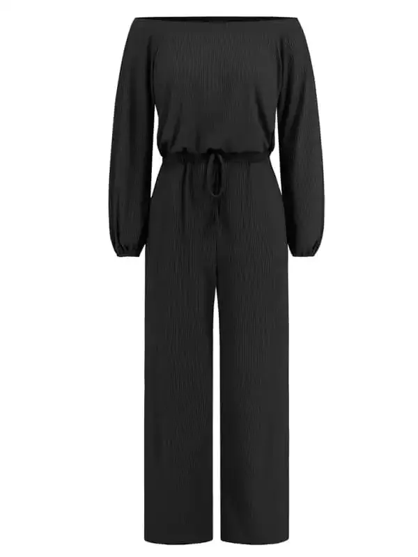 One-shoulder long-sleeved slim-waisted wide-leg jumpsuit