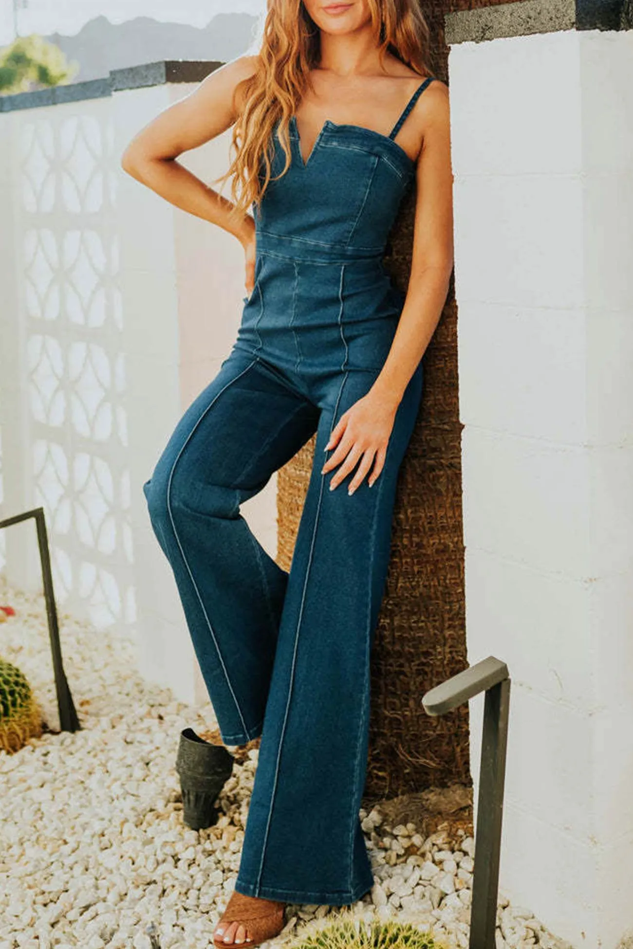 V Neck High Waist Denim Cami Jumpsuits