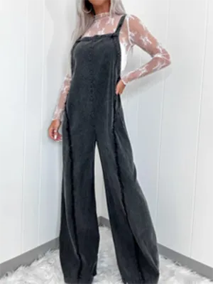 Vintage Washed Raw Edge Wide Leg Jumpsuit Loose Overalls