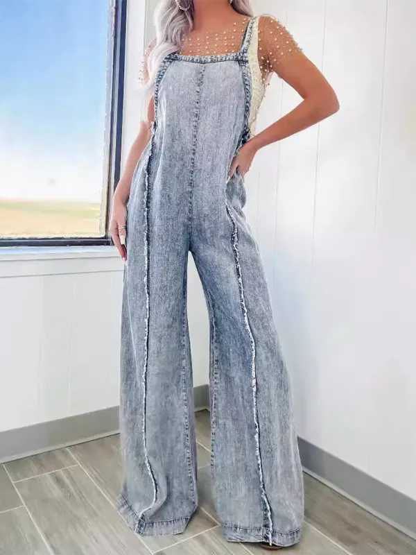 Vintage Washed Raw Edge Wide Leg Jumpsuit Loose Overalls