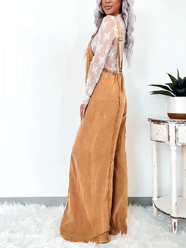 Vintage Washed Raw Edge Wide Leg Jumpsuit Loose Overalls