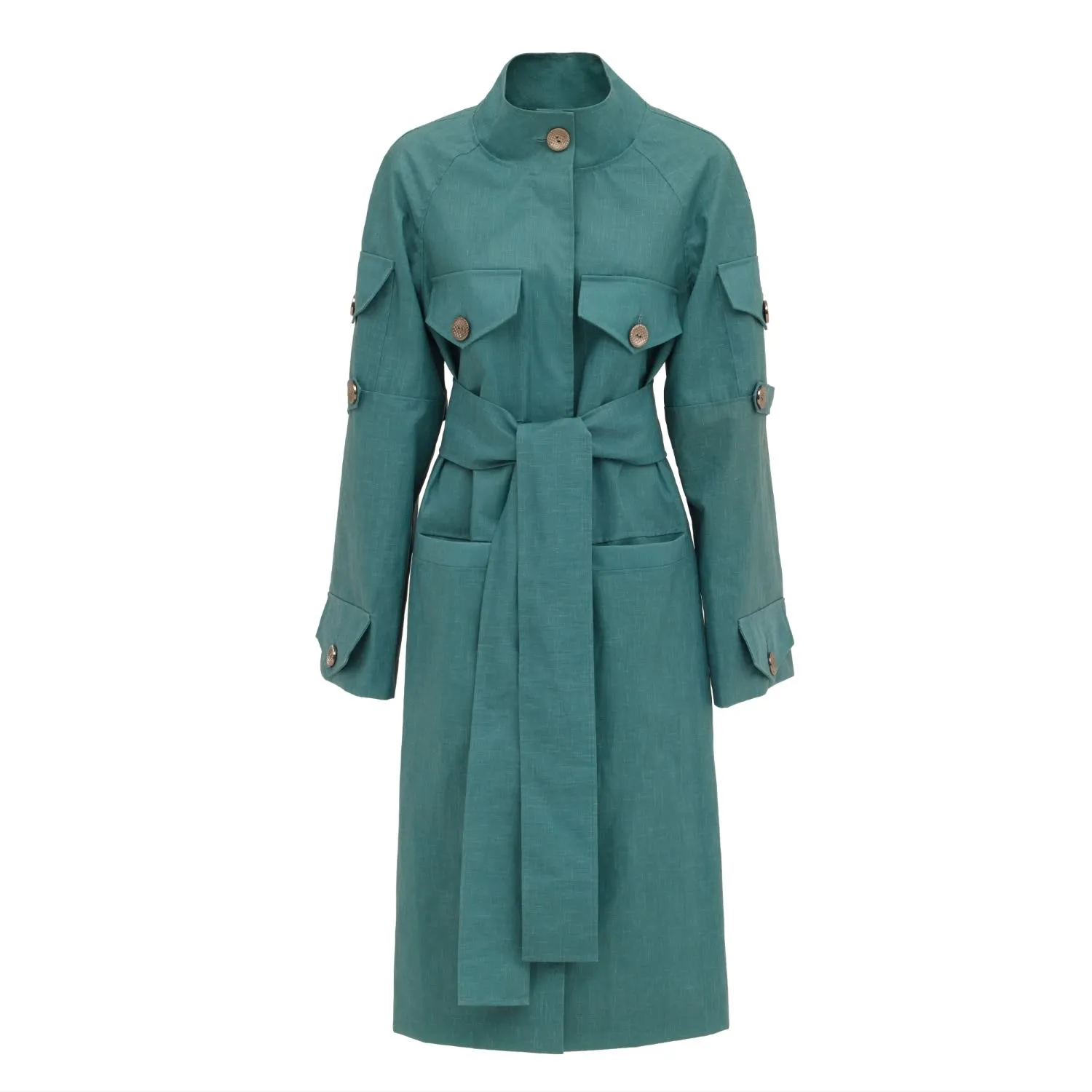 Water-Resistant Single-Breasted Trench Coat With Belt Turquoise