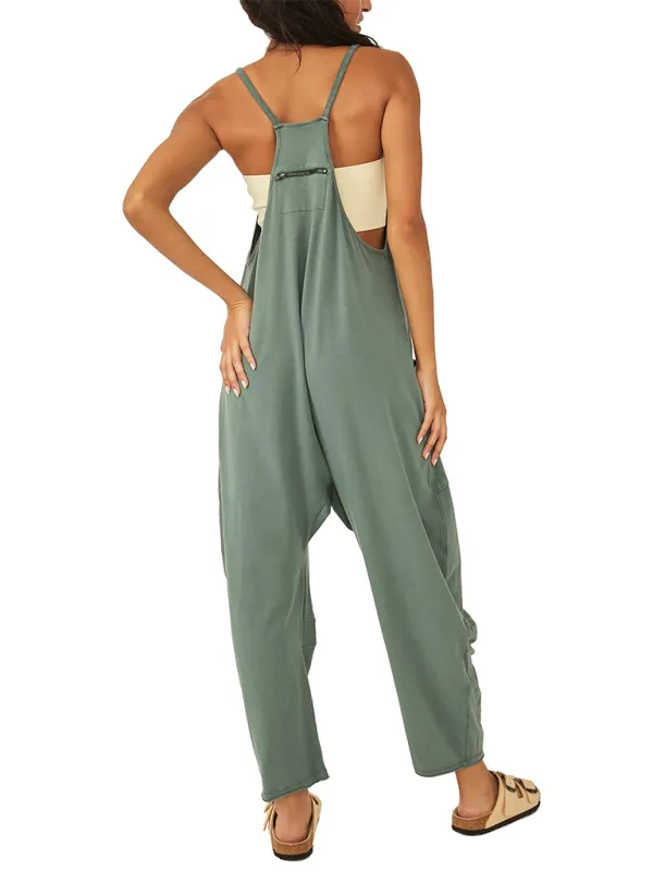 Women's casual solid color V-neck suspender pocket jumpsuit