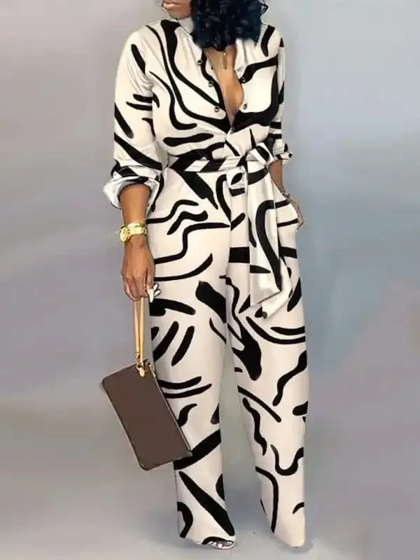 Women’s fashion commuting abstract print long-sleeved jumpsuit