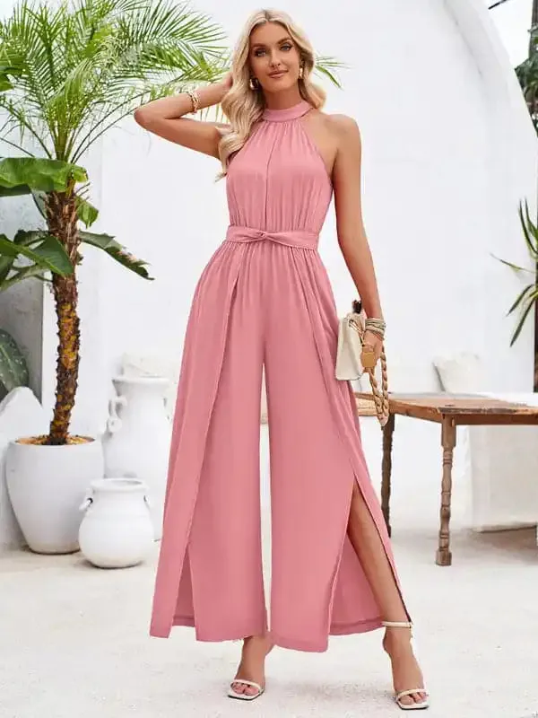 Women’s solid color halterneck strappy jumpsuit