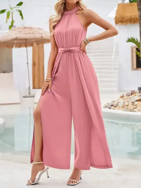 Women’s solid color halterneck strappy jumpsuit