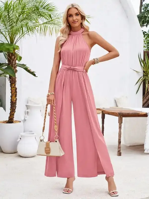 Women’s solid color halterneck strappy jumpsuit