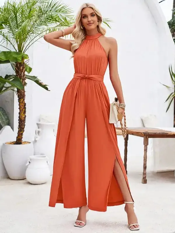 Women’s solid color halterneck strappy jumpsuit