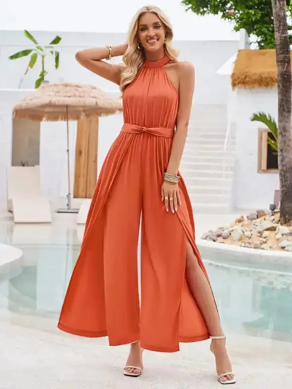 Women’s solid color halterneck strappy jumpsuit