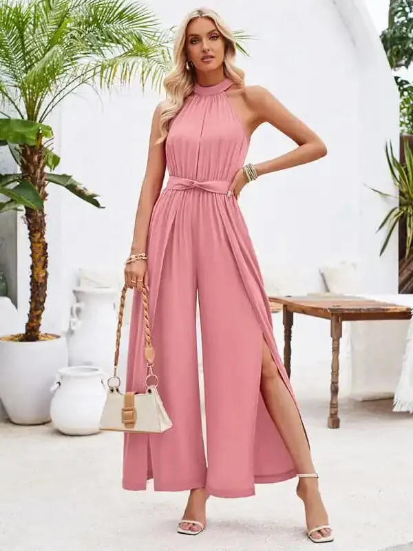 Women’s solid color halterneck strappy jumpsuit