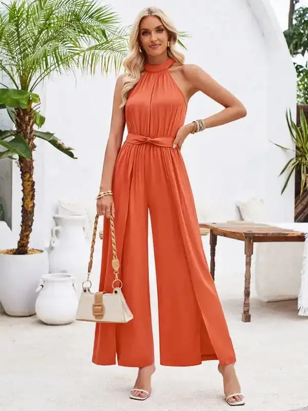 Women’s solid color halterneck strappy jumpsuit