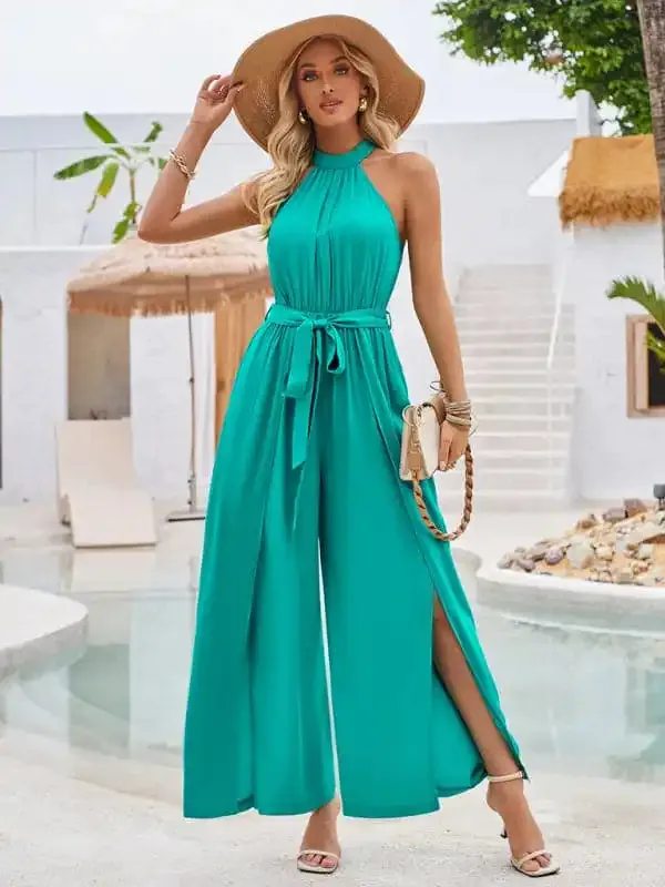 Women’s solid color halterneck strappy jumpsuit